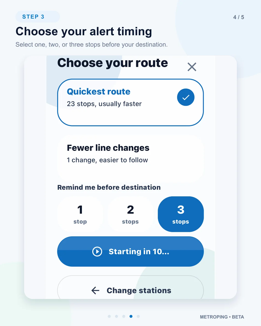 MetroPing screen for choosing an alert one, two, or three stops before the destination
