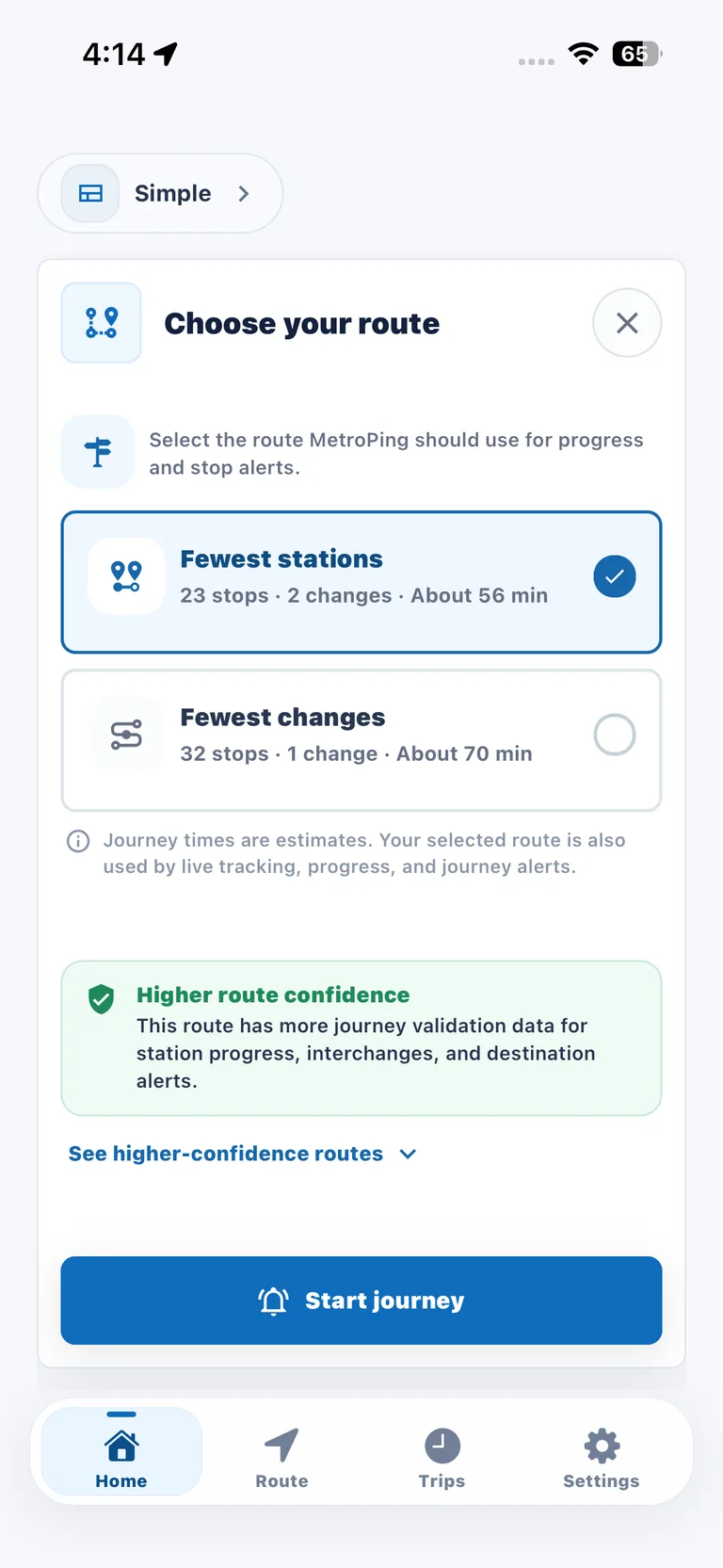 MetroPing route comparison for fewest stations or fewest line changes