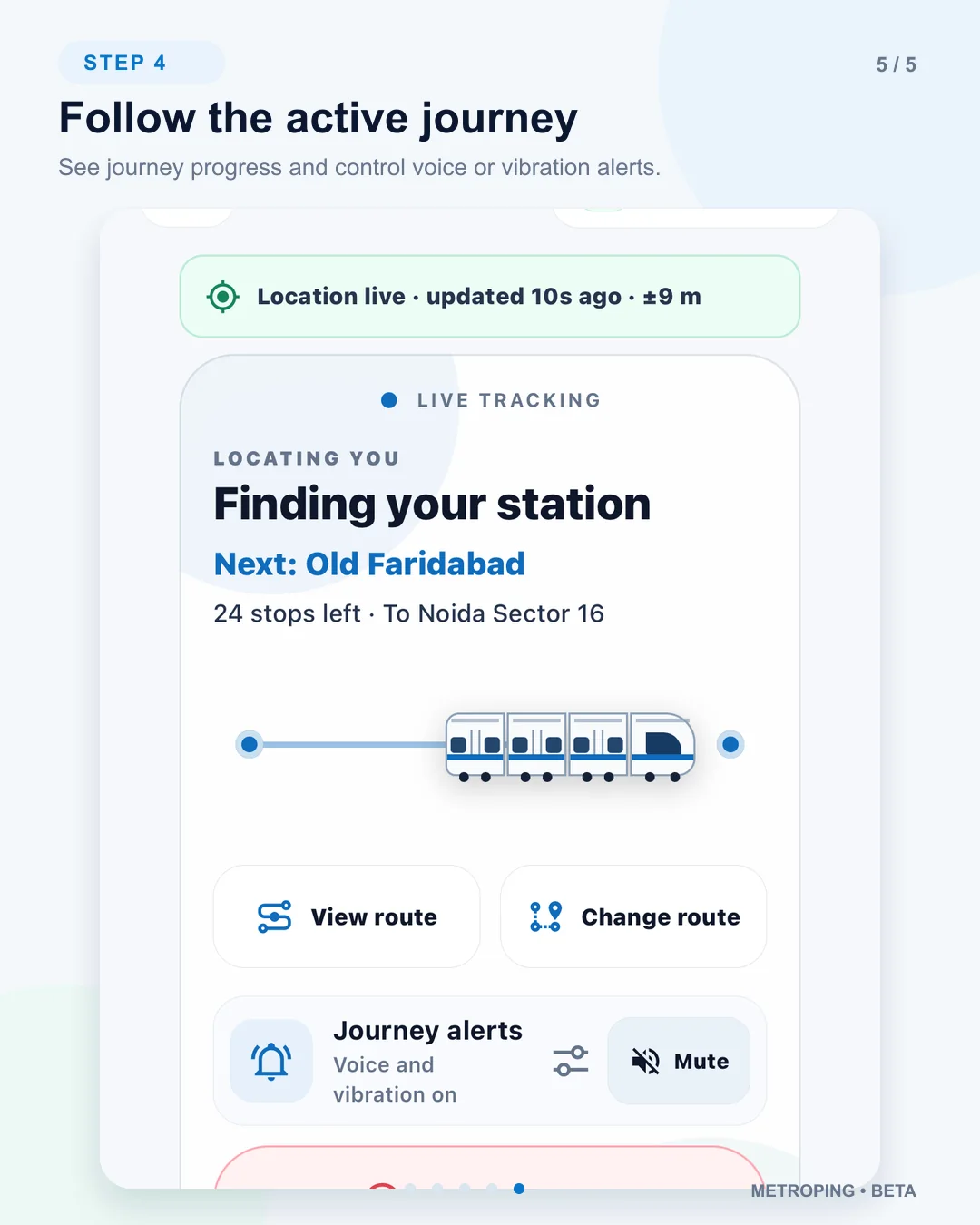 MetroPing live journey screen showing station progress and journey alert controls