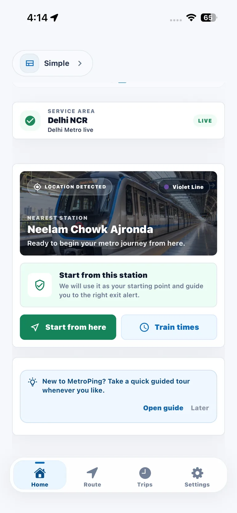 MetroPing detecting Neelam Chowk Ajronda station and offering to start a trip