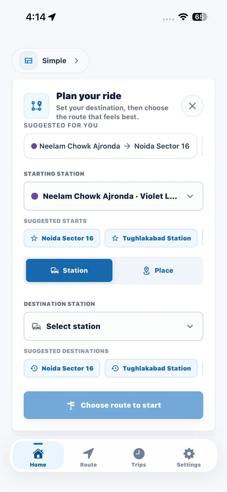 MetroPing trip planner with starting and destination stations selected